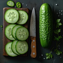 Wall Mural - slicing cucumber on a wooden board