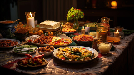 Wall Mural - dining table full of healthy and organic food, fruits and vegetables, Muslims Ramadan concept photo