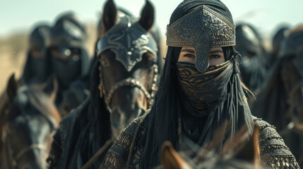 Ancient brave female muslim Arabic warriors on horses.