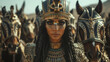 Queen commander warrior of ancient Egypt with her elite army behind.