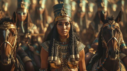 queen commander warrior of ancient egypt with her elite army behind.