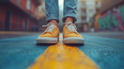 Ground-level view of yellow canvas shoes on a textured blue street, accented by a bright yellow road marking