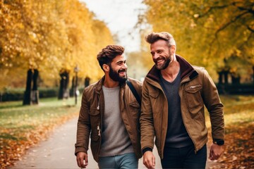 Couple of multi ethnic men having fun and smiling in the park, lgbt concept. Happy young gay couple enjoying a walk in the park together during a date. Lgbt couple concept