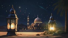 Ramadan And Eid Theme Background, Mosque In The Desert With Two Lantern Lights