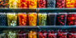 Shelves with colorful fruit cups and berries, presenting a variety of fresh, ready-to-go snack options. This can be used in advertisements for supermarkets or healthy snack options