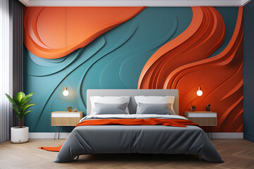 Sticker - bedroom with geometric wall mural 