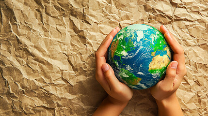 Wall Mural - Close-up image of an earth-like sphere in hand with paper backdrop