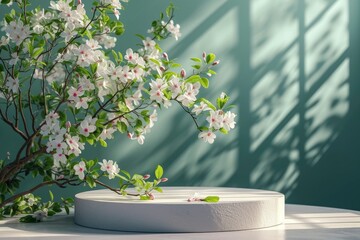 Wall Mural - podium with spring background, mockup display stand for product presentation, hyper detailed, photorealistic, 16K, ultra realistic, no watermark - generative ai