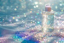 Perfume And Cosmetic Bottles On Bokeh Background With Glitter And Sparkles, Generative Ai