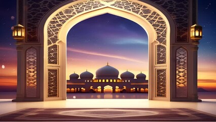 Wall Mural - Ramadan Decoration mosque door, gold month and vintage lantern, seamless looping time-lapse virtual video background animation.