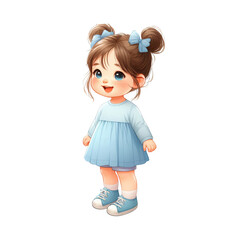 illustration of a little girl wearing a blue dress on a transparent background