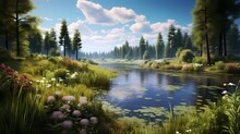 Tranquil Pond Surrounded By Tall Grass And Wildflowers In A Natural Setting