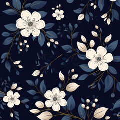 Wall Mural - Ivory vector illustration cute aesthetic old midnight blue paper with cute midnight blue flowers