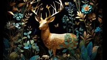 Gilded Deer In Floral Woodland Fantasy