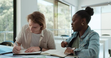 Aufkleber - Students, writing and collaboration with notebook for education, research ideas and statistics classroom. Friends or young man and woman for university or college notes, studying or planning solution