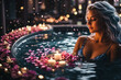 © Roman - A woman in a candlelit spa enjoys a relaxing evening bath in petals. A tranquil spa setting with flickering candles, a bath of scattered rose petals and a serene, soothing atmosphere.