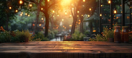 Wall Mural - Summer embrace wooden table amidst nature serene layout. Morning light on planks greenery blur is no doubt. Rustic surface window to gardens tranquil scout