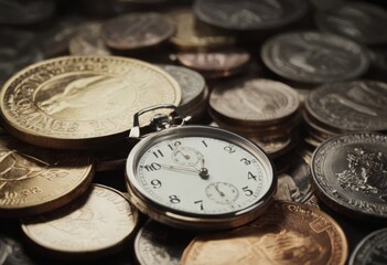 clock and stacks of coins : time - money