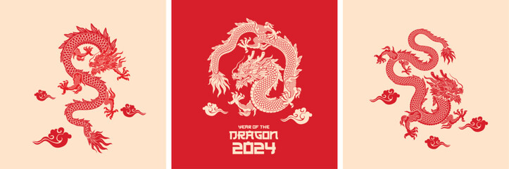 Wall Mural - Collection of Traditional Chinese Dragon. Big set of red asian dragons. Happy Chinese New Year 2024 year of the gold dragon zodiac sign with asian elements golden paper cut style