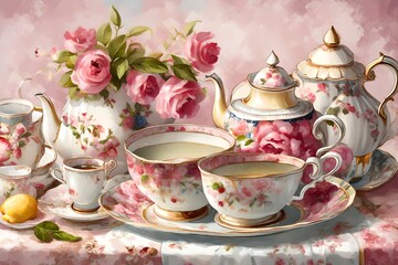 Wall Mural - still life with tea and flowers