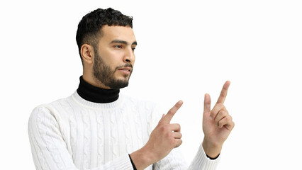 Man, close-up, on a white background, pointing up