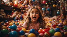 Joyful Amazement. The Shocked Expression On The Face Of A Little Girl Among A Sea Of Toys. The Miracle Of Childhood. A Child In A Children's Center