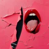 Fototapeta  - Sexy female lips with knife on a pink cracked wall background.