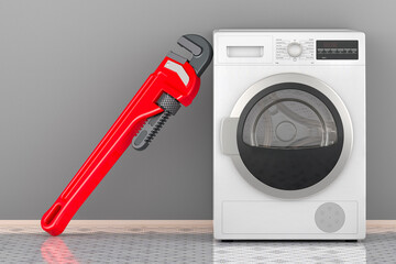 Wall Mural - Clothes dryer with pipe wrench in interior. Repair and service of tumble dryers, 3D rendering