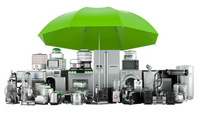 Poster - Kitchen and Household appliances under umbrella, guarantee and protection concept. 3D rendering isolated on transparent background