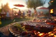 Barbecue party with people in the background, grilled steak, grilled meat, fire, summer party, barbecue in the garden,  people having fun, family and friends, Generative AI
