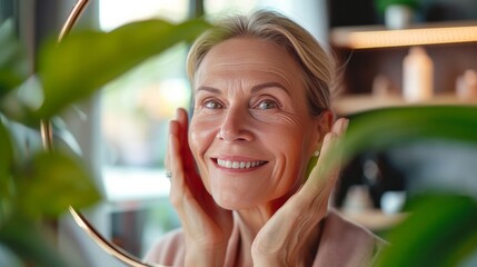 Wall Mural - Happy 50s middle aged woman model touching face skin looking in mirror. Smiling mature older lady pampering, enjoying healthy skin care, aging beauty, skincare treatment cosmetic products concept.   