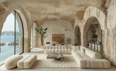 Wall Mural - Living room of an abandoned palace converted into a modern villa, with aged marble walls and floors, aged concrete ceilings, aged marble table and white furniture around.