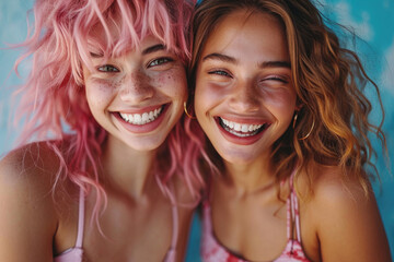 Poster - Two cool stylish interracial women best friends laughing and having a good time together in a studio