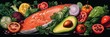 Healthy dinner cartoon illustration. Avocado with fish and vegetables on wooden table. Vegetarian nutrition. Dish with salmon and vegetables. Restaurant, cafe menu drawing. Vegan food