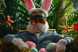 Osterhase in militärischer Uniform mit Sonnenbrille und Ostereiern