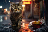 Fototapeta Uliczki - Cute tabby cat sitting on the street at night under the rain