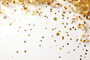 Wall Mural - Champagne glasses and golden confetti on light background