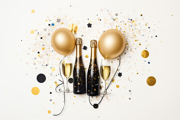 Wall Mural - Champagne glasses and golden confetti on light background