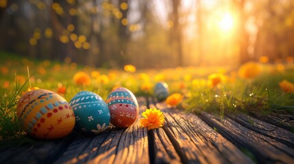 colorful easter eggs in a wooden basket with green natural background with morning sunrays.