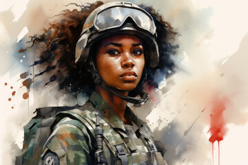 Fierce Beauty: A Young Female Soldier in Military Uniform, Ready to Protect, on a Dark Background