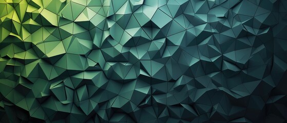 Poster - Green polygons transitioning to blue on a dark gray background. Abstract background or screensaver for a 34-inch widescreen monitor. AI generative.