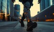 Futuristic prosthetic legs illuminated in a modern urban environment showcasing advanced technology and human innovation.