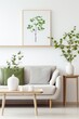 © Kate - minimalistic interior in Scandinavian style. Modern light gray sofa, green potted plant, painting on the wall