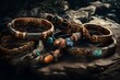 A visually stunning scene featuring a collection of diverse robi stone bracelets, the HD camera revealing the natural beauty and intricate details, presented in enchanting