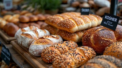 Delicious loaves of bread in a bakery on a showcase. Various types of buns loaves, baguettes. Rye, buckwheat, bran, gluten-free, wheat bread on bakery shelves. Confectionery, private bakery in store