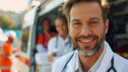 Dictor from hospital standing at rear of an ambulance, by the open doors.