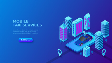 Aufkleber - Dark blue isometric vector illustration. Mobile taxi service design concept with smartphone, car and city