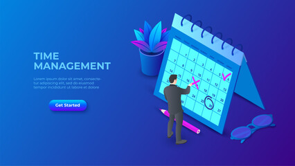 Aufkleber - Time management concept with businessman and calendar. Isometric vector illustration on a dark blue background