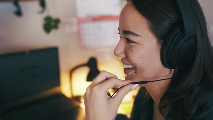 Poster - Woman, headset and talking for customer service at night for mobile sales management, support or virtual assistant. Female person, office and phone call as consultant or telecom, discussion or agent