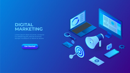 Poster - Digital marketing design concept with hand speaker, laptop and smartphone. Dark blue isometric vector illustration